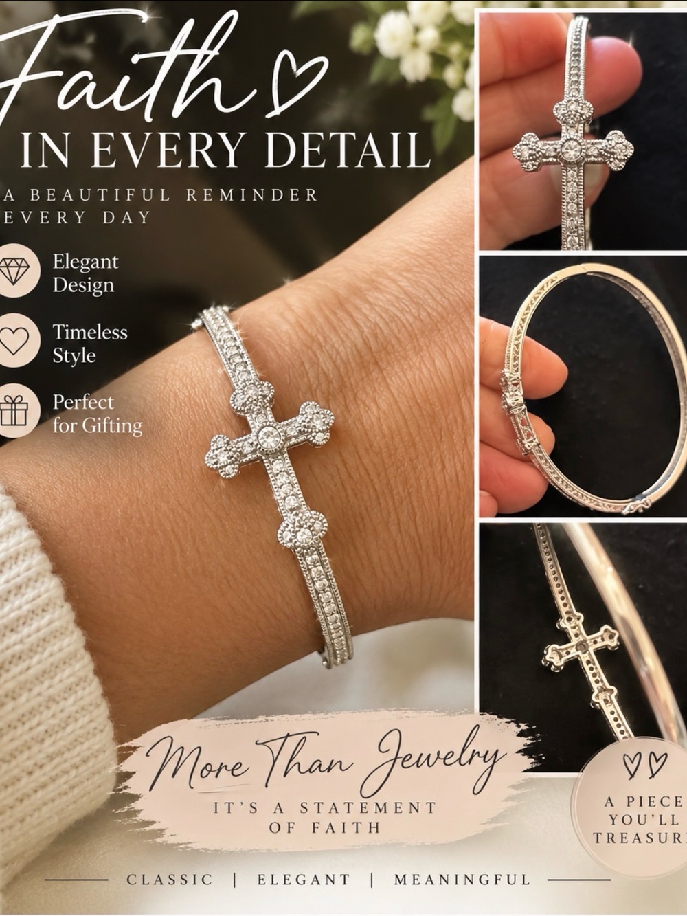 Faith Cross Bangle Bracelet - Sterling Silver Cross Bracelet
